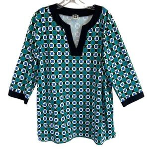 Anne Klein Women's Green Black Blue Geometric Print‎ V-Neck Tunic Blouse XL